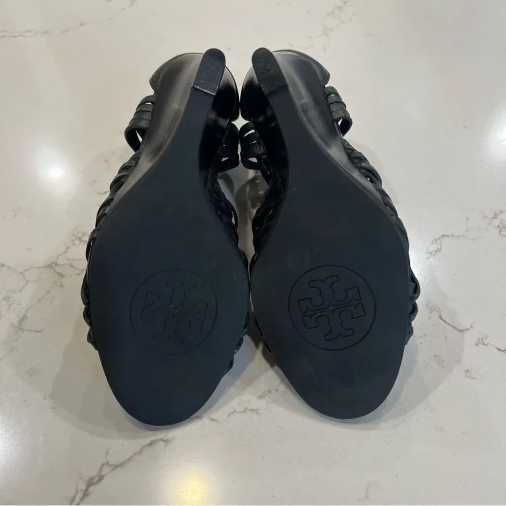 Tory Burch Black Leather Tevray Huarache Wedge Sandals
